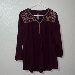 St. John’s Bay Maroon V-Neck Embroidered Blouse Size 0X